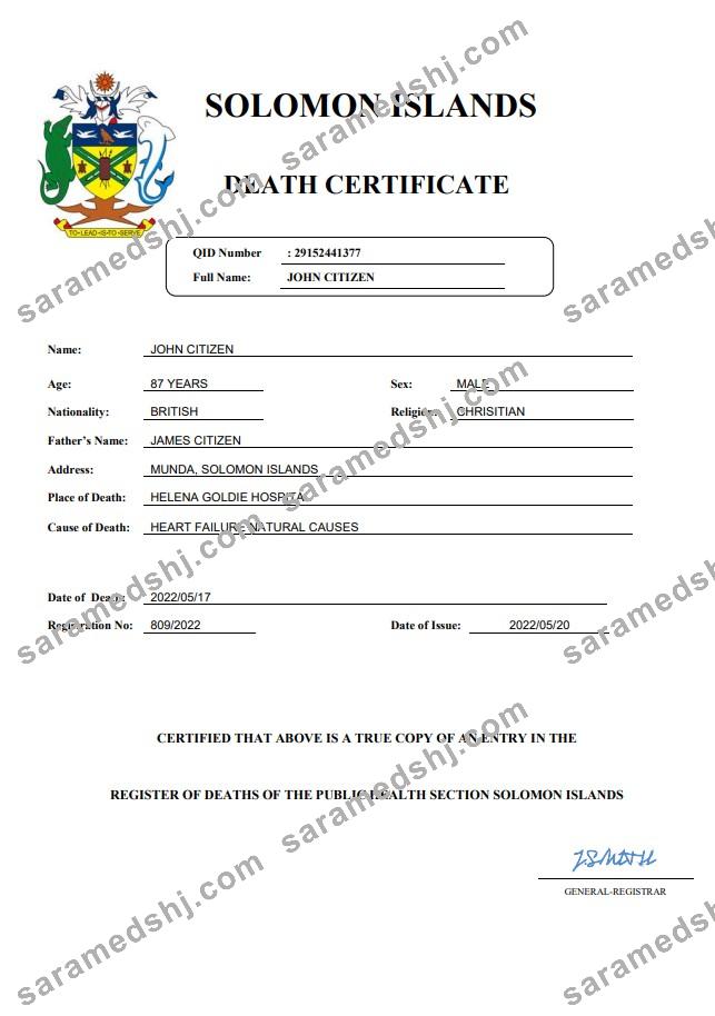 Solomon Islands vital record death certificate Word and PDF template